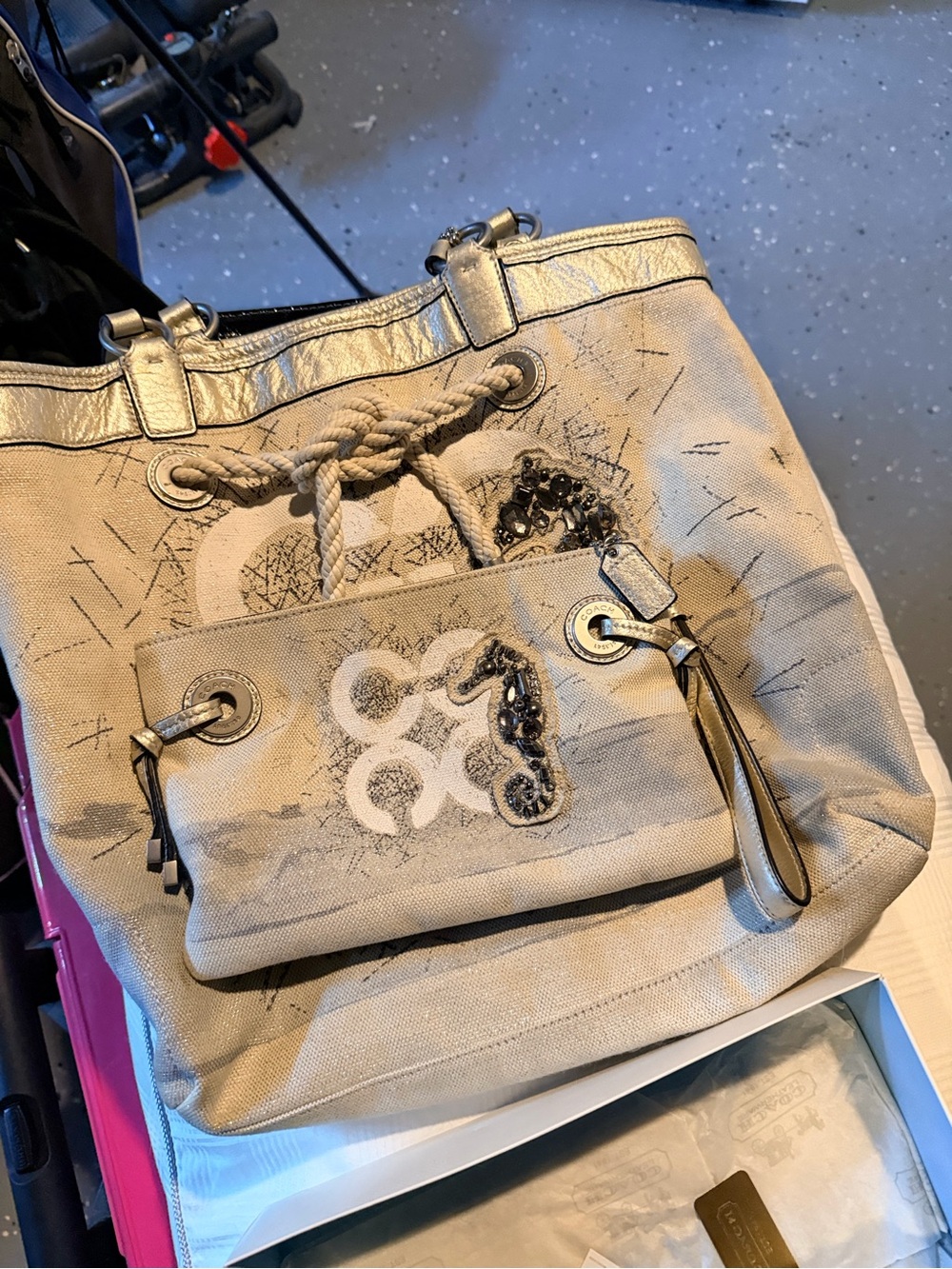 Coach Poppy Sequin Appliqué Tote & Wristlet Set Natural Silver